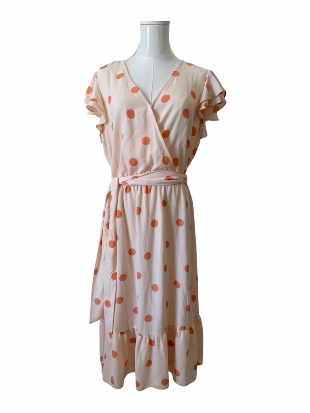 LC Lauren Conrad Peach Polka Dot Flutter Sleeve Midi Dress Size L